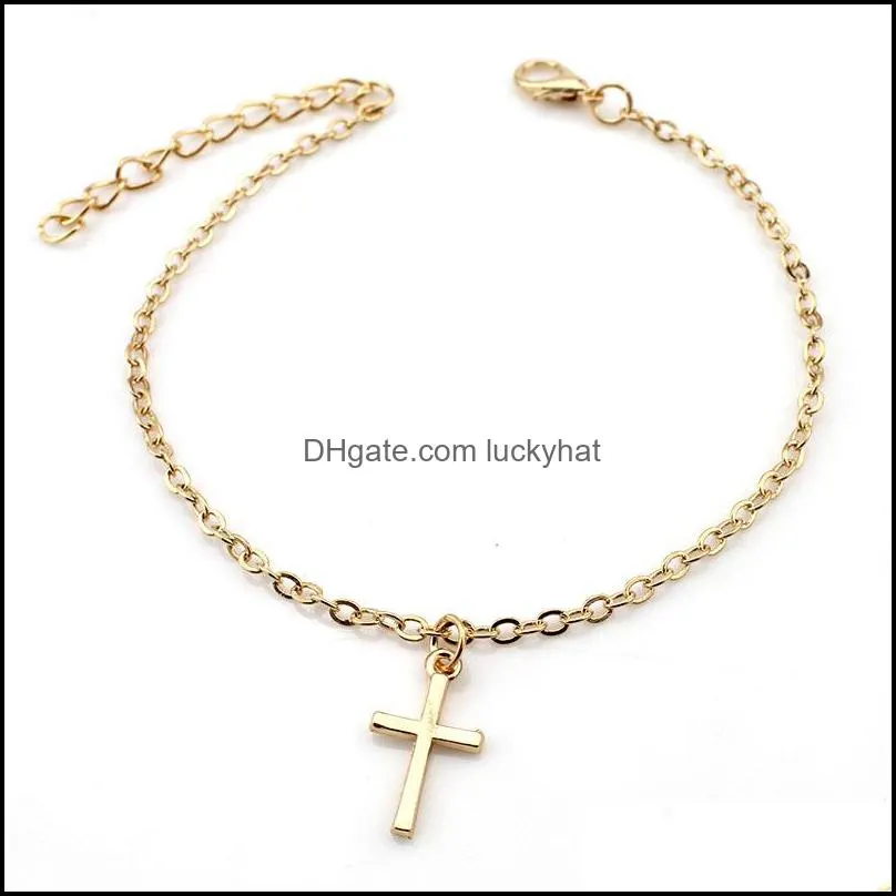 fashion jewelry simple stlye cross pendant gold silver color plated metal chain for women foot anklet gift 2213 t2