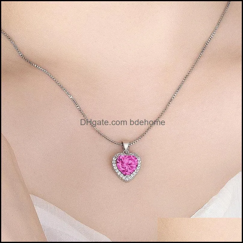 simple and fashionable peach heartshaped colorful treasure necklace pink dark blue sea blue emerald amethyst zircon heartshaped bdehome