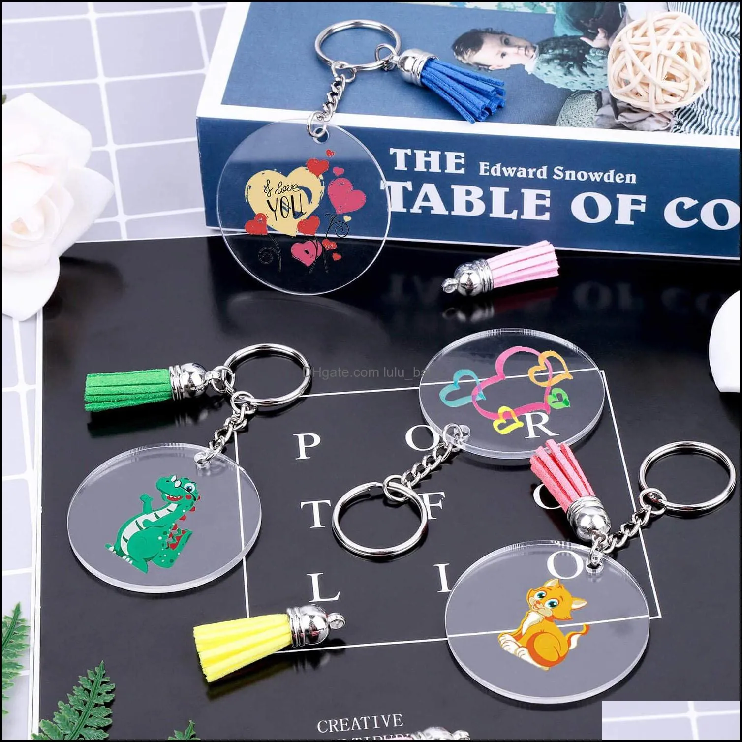 key rings 120pcs keychain blank acrylic clear circle discs with hole colorful tassel keyring for diy projects craft supplies