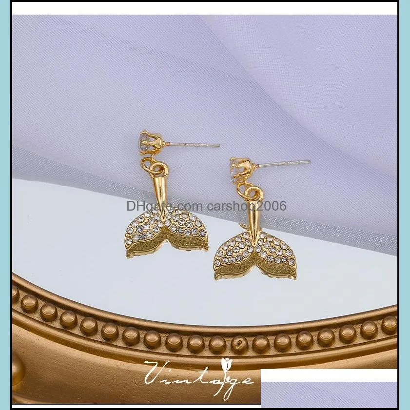 2021 arrival trendy korean double crystal fishtail stud earrings for women fashion geometric gold color metal party