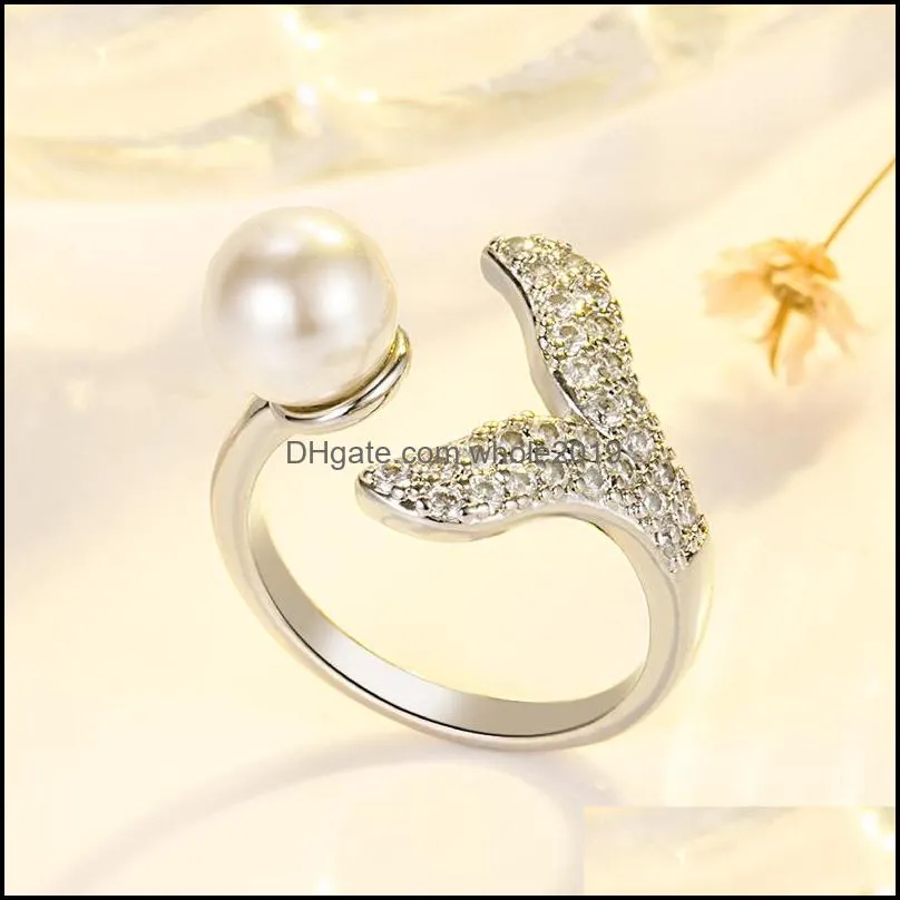 sweet and delicate fish tail inlaid pearl ring hand inlaid imitation pearl shell mermaid ring