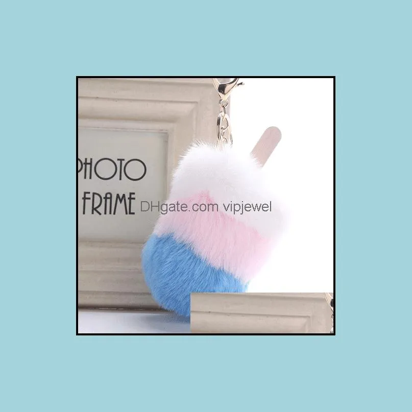 fluffy ice cream fur ball key ring charm hanging pompom keychain plush pendant bag keyfobs holder ornament 7 styles h586q a