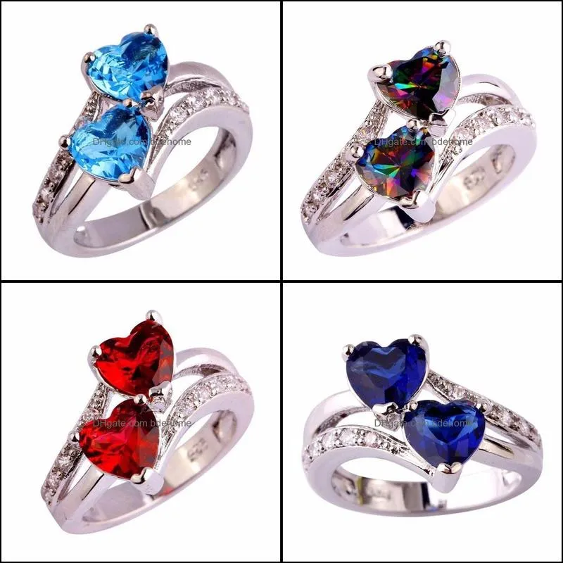 pretty rings mystic rainbow zircon double sterling silver plated birthstone jewelry wedding rings bdehome