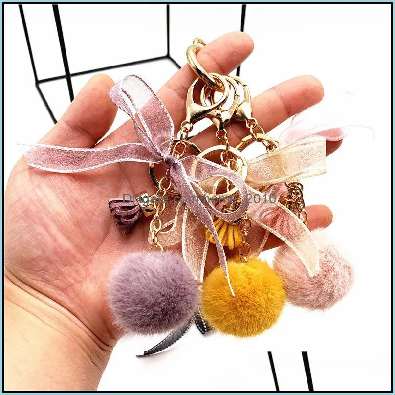 cute bow keychain lace ball bag plush pendant cartoon car key chain for women bag or cellphone wq646