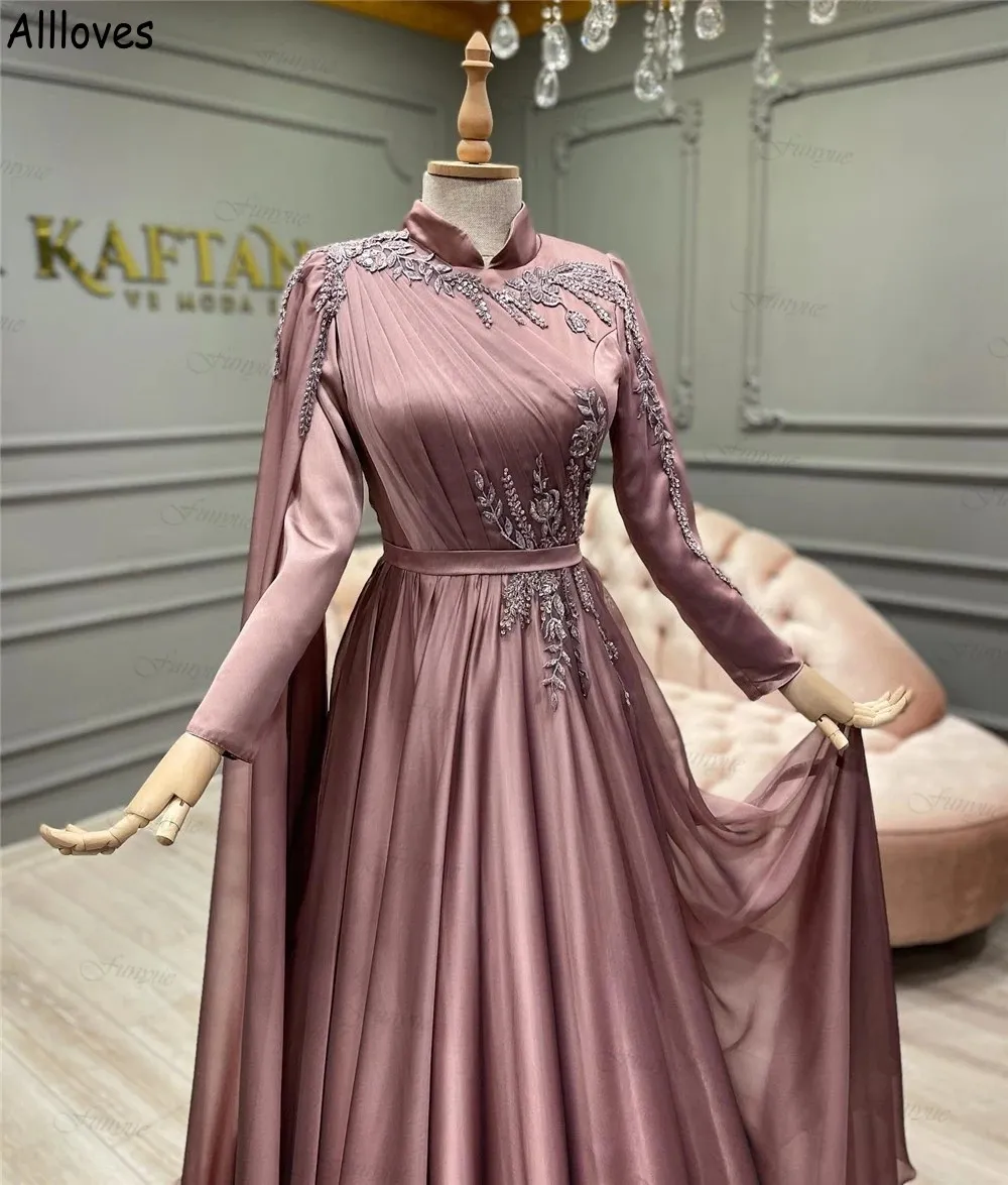 High Collar Muslim Caftan Moroccan Prom Dresses Dubai Arabic Long Sleeves Women Formal Occasion Evening Gowns With Side Wrap Lace Appliques Beaded Vestidos CL1748