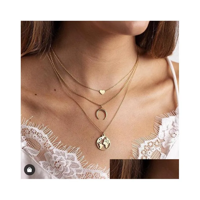 fashion jewelry multilayer necklace metallic heart moon map pendant necklace