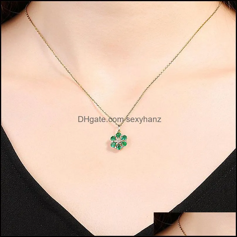 elegant flower necklace emerald zircon gemstone pendant jewelry ornament women wedding six petal flower diamond pendant