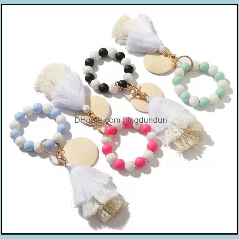 wood bracelet jewelry party favor silicone beaded tassel beadeds keychains colorful fringe bracelets bangle wrist key ring paa12965