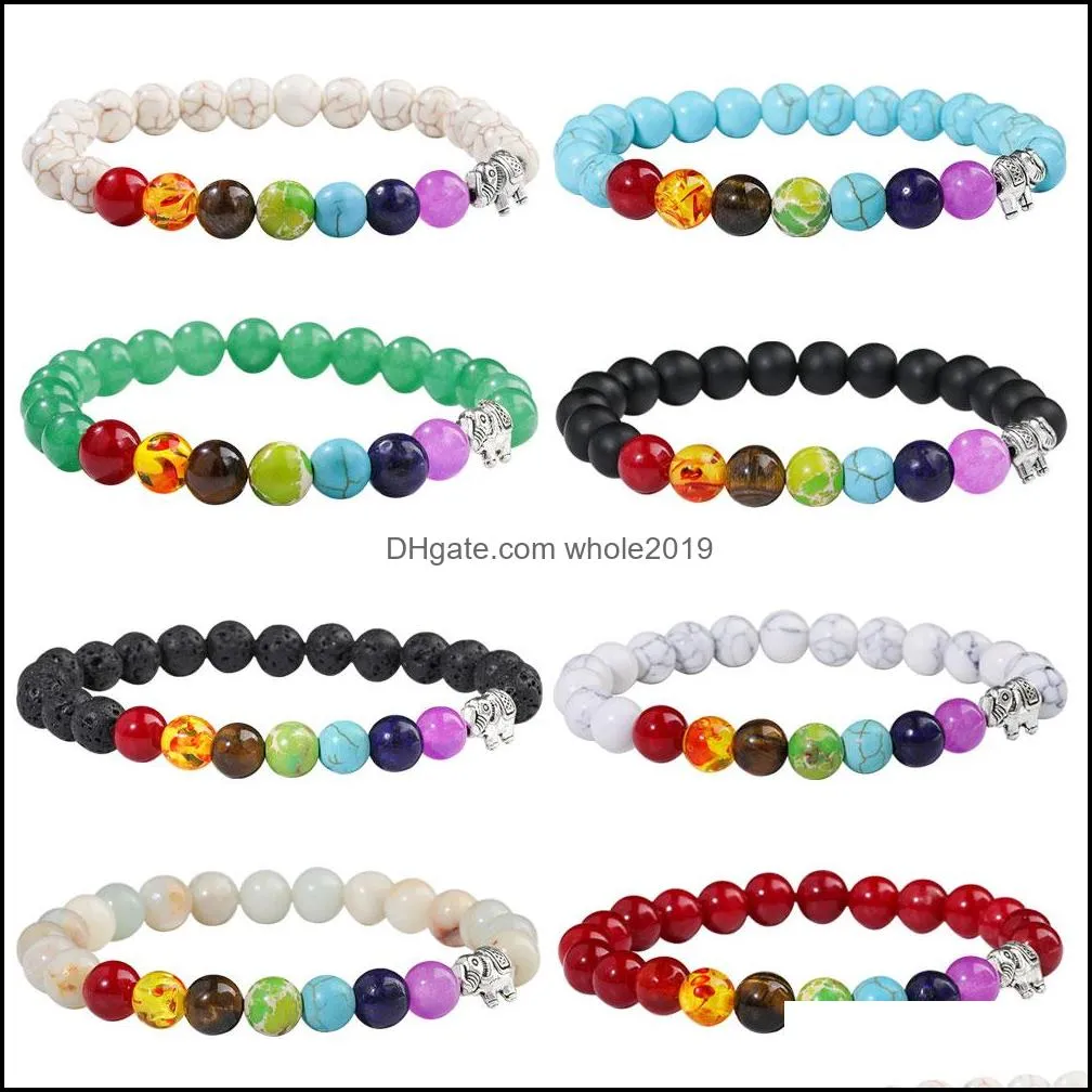 7 chakra natural stone bead bracelet cute friendship elephant charm bracelets  oil diffuser yoga bracelet