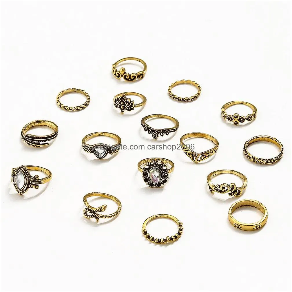 fashion jewelry vintage ring set snake carved flower feather crown rings sets 16pcs/set