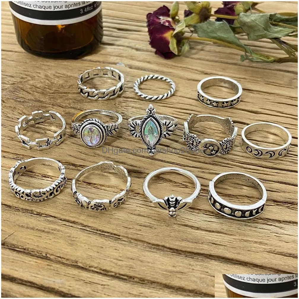 bohemian fashion jewelry knuckle ring set silver bee chain heart geometric round stacking rings midi rings sets 12pcs/set