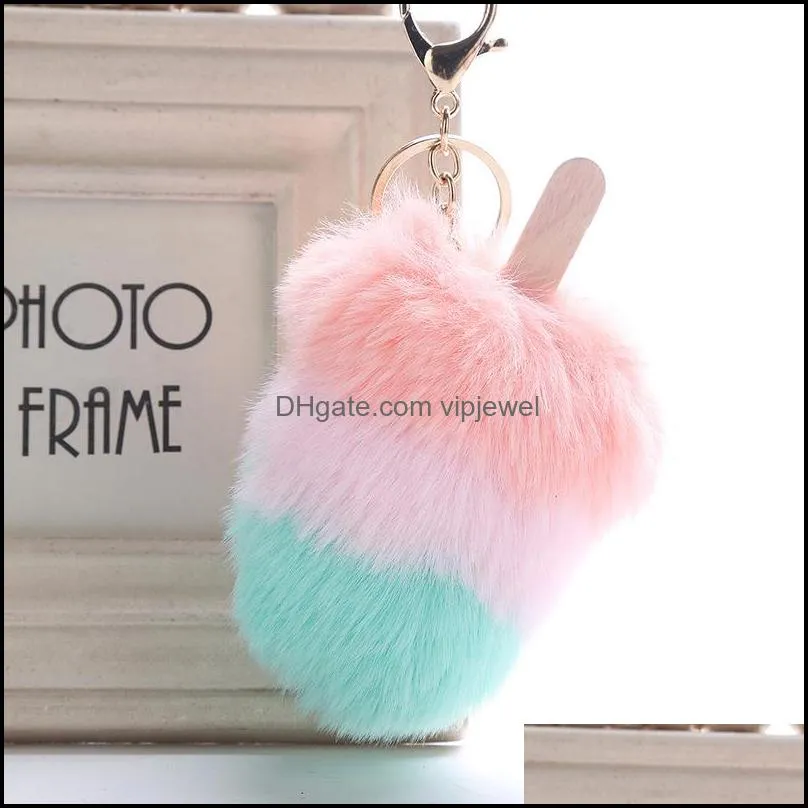 fluffy ice cream fur ball key ring charm hanging pompom keychain plush pendant bag keyfobs holder ornament 7 styles h586q a