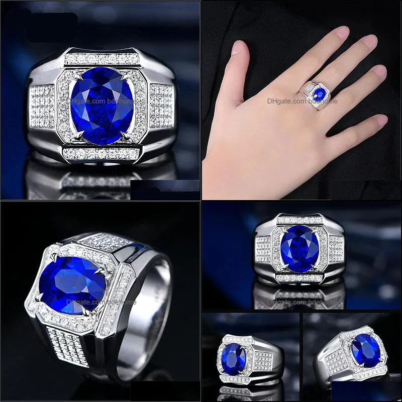 men ring silver jewelry oval shape sapphire zircon gemstone fashion finger rings accessory for male wedding engagement party bdehome