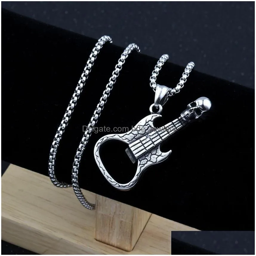 fashion jewelry vintage skull guitar corkscrew mens pendant necklace hip hop guitar necklace