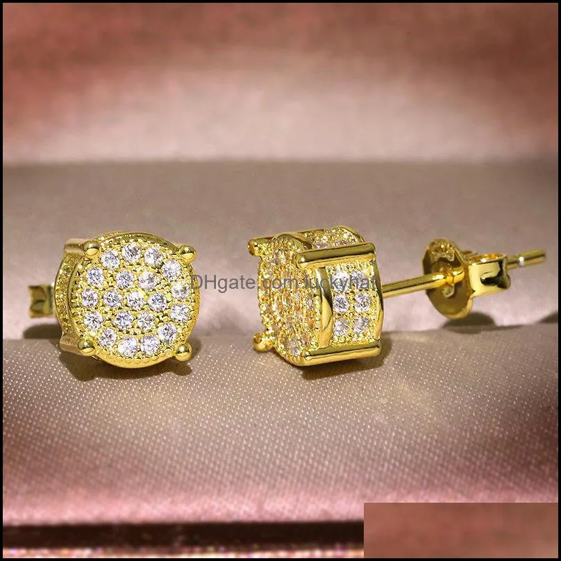 men women earrings studs yellow white gold plated sparkling cz simulated diamond hip hop for christmas gift 739 t2