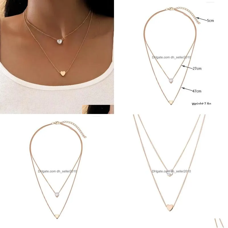 fashion jewelry double layer necklace peach heart inlaid rhinstone pendant necklaces