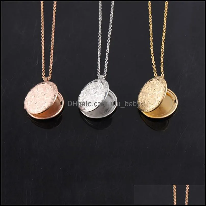 vintage engraved flowers round necklace 3 color stainless steel diy picture frame p o locket pendant necklace for women fashion