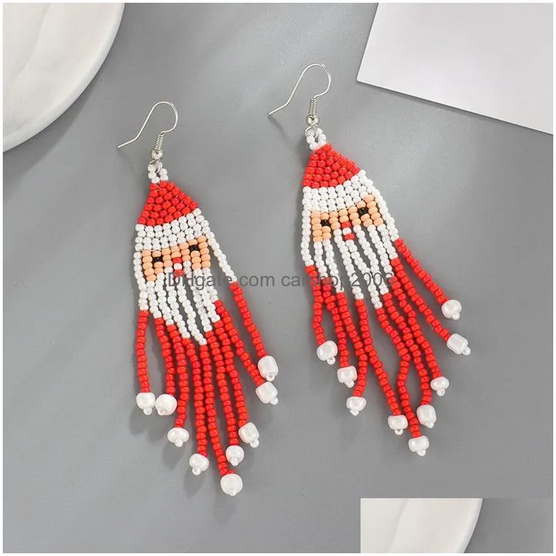 christmas fashion jewelry beaded tassels dangle earrings handwoven xmas tree santa claus colorful rice beads earrings