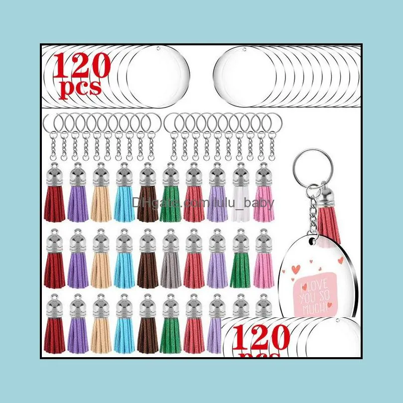 120pcs acrylic transparent circle discs keychain blank colorful tassel keyrings for diy projects craft gift dhs