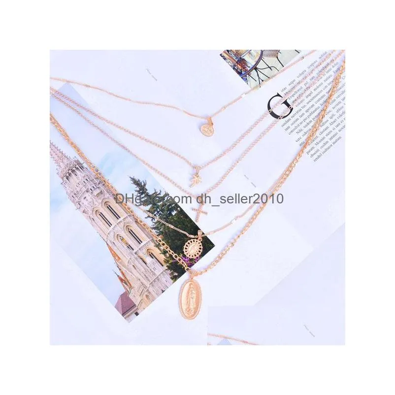 fashion jewelry cross coconut tree pendant necklace multilayer chain necklace