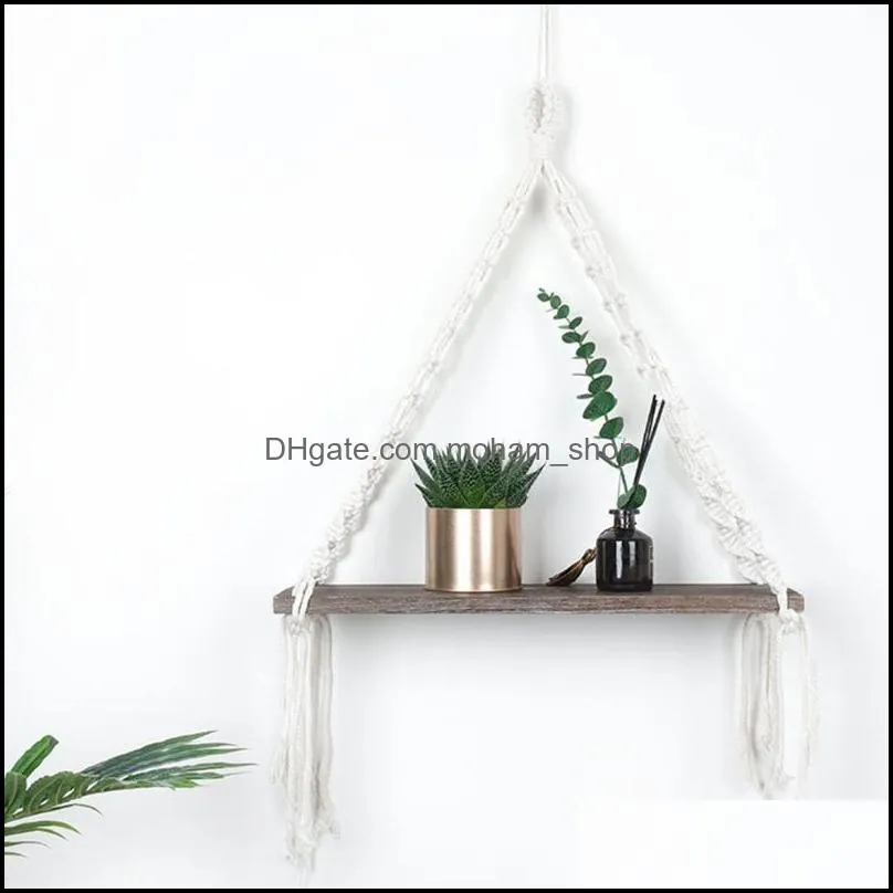 other home decor wall hanging wood floating storage shelf with swing crochet rope display organizer boho tassel plant hanger for