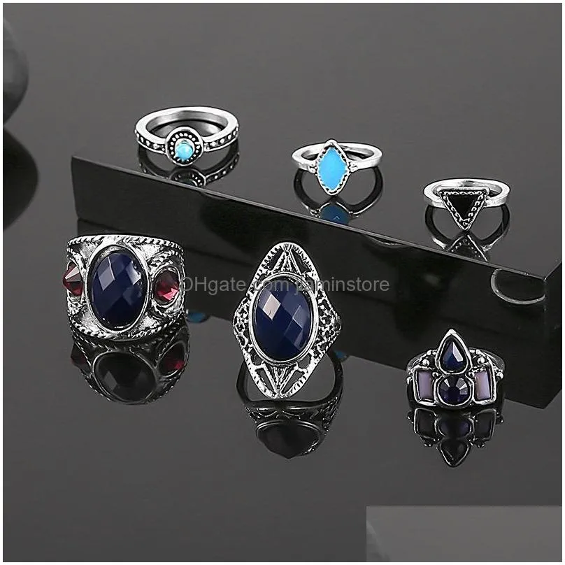 fashion jewelry knuckle ring set geometric black resin rhinestone vintage stacking rings set 6pcs/set