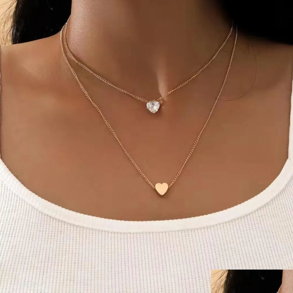 fashion jewelry double layer necklace peach heart inlaid rhinstone pendant necklaces