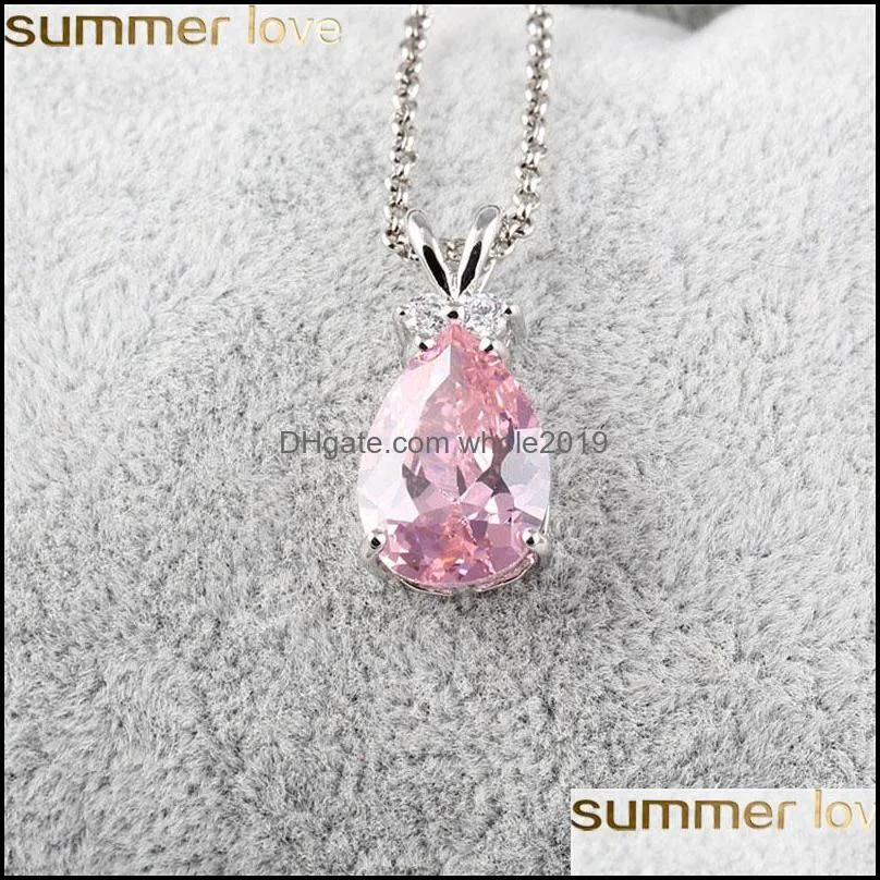  fashion style synthetic zircon teardrop necklace silver color jewelry purple pink green austrian crystal pendant necklace women