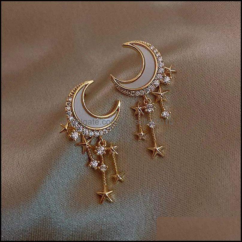 2021 est korean trendy exquisite star moon long tassel dangle earrings for women temperament crystal pendant jewelry