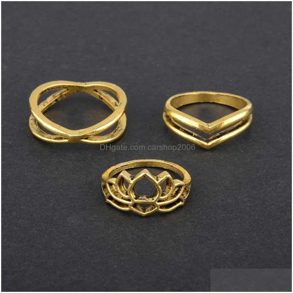 fashion jewelry retro carved flower ring diamond lotus flowe ring combination rings set 7pcs/set