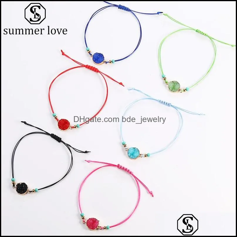 colorful resin imitation stone pendant stainless steeling bead bracelet with korean wax rope adjustable bracelet for women charm