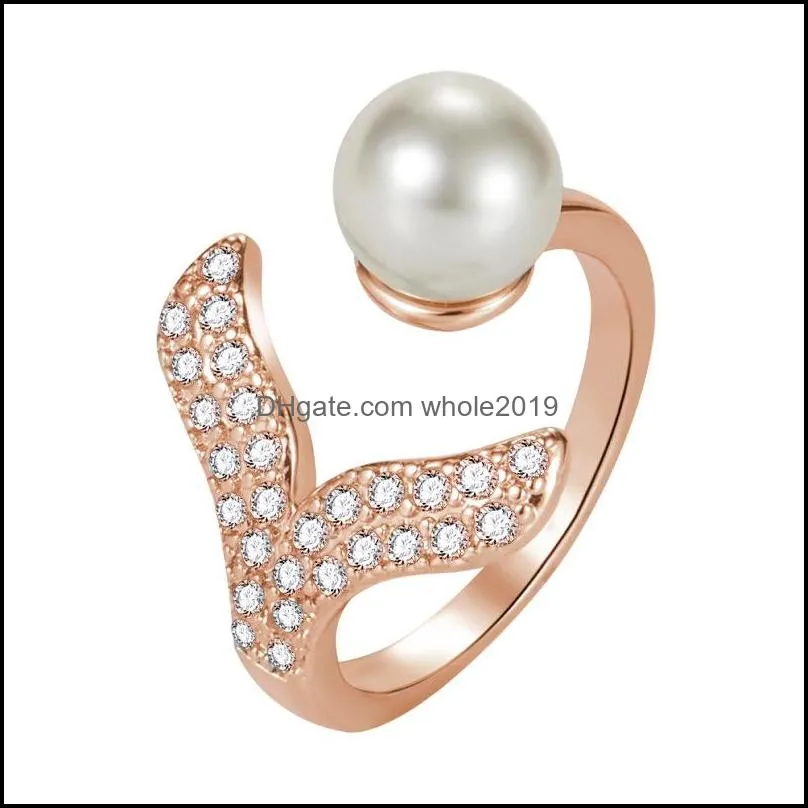 sweet and delicate fish tail inlaid pearl ring hand inlaid imitation pearl shell mermaid ring