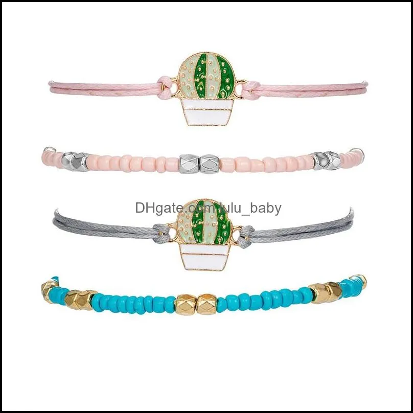 4pcs/set pink blue beaded bracelet vintage boho prickly pear cactus charm rope bracelets bangles for wome 2019 summer 