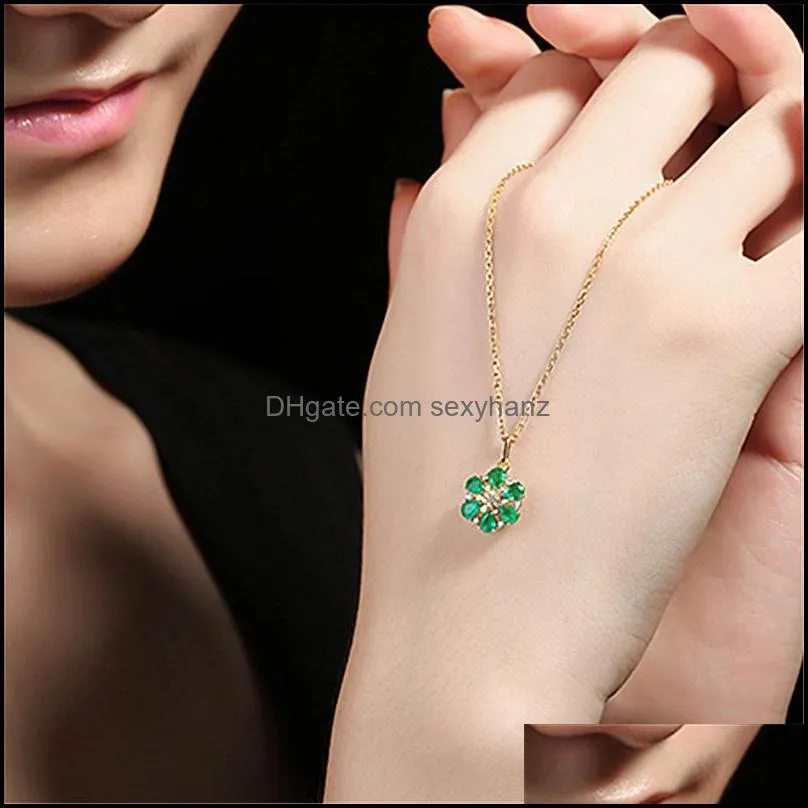 elegant flower necklace emerald zircon gemstone pendant jewelry ornament women wedding six petal flower diamond pendant