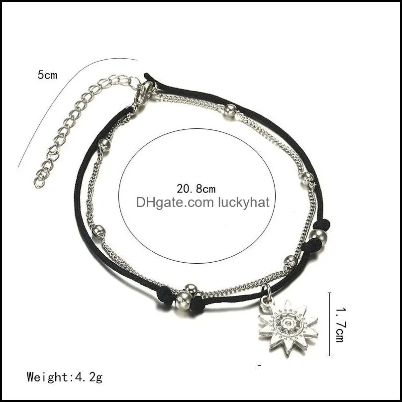 fashion bohemia sun pendant beads anklet bracelet women double layer rope anklet in the summer barefoot anklet beach jewelry gifts 1870