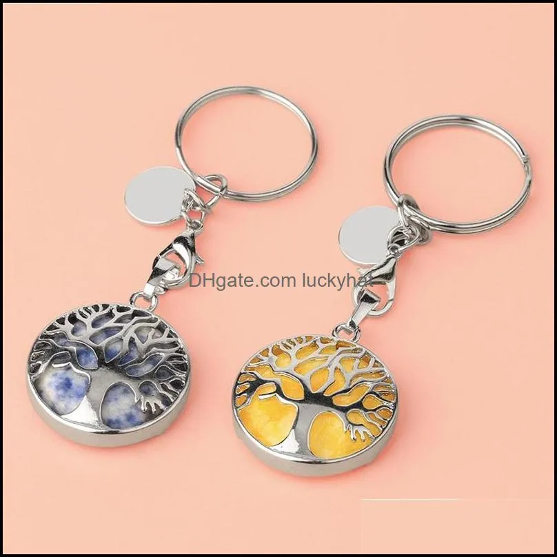 natural stone original keychains tree of life keyring silver color healing crystal car decor key rings keyholder for women men 471c3