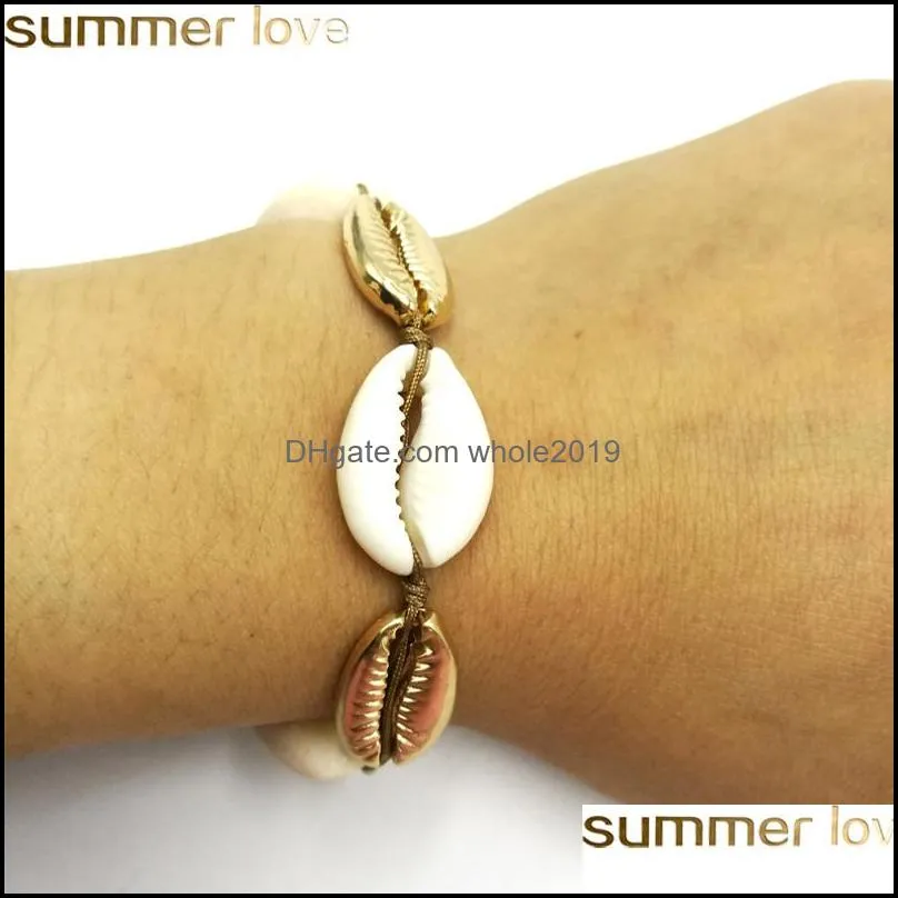 original nature shell charm bracelet with zinc alloy shell charm handmade gold color braid bracelets and necklace jewelry for women