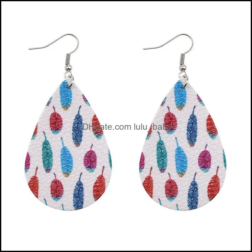 fashion feather print leather earrings for women double side dangle drop earrings oval waterdrop faux leather ear party wedding