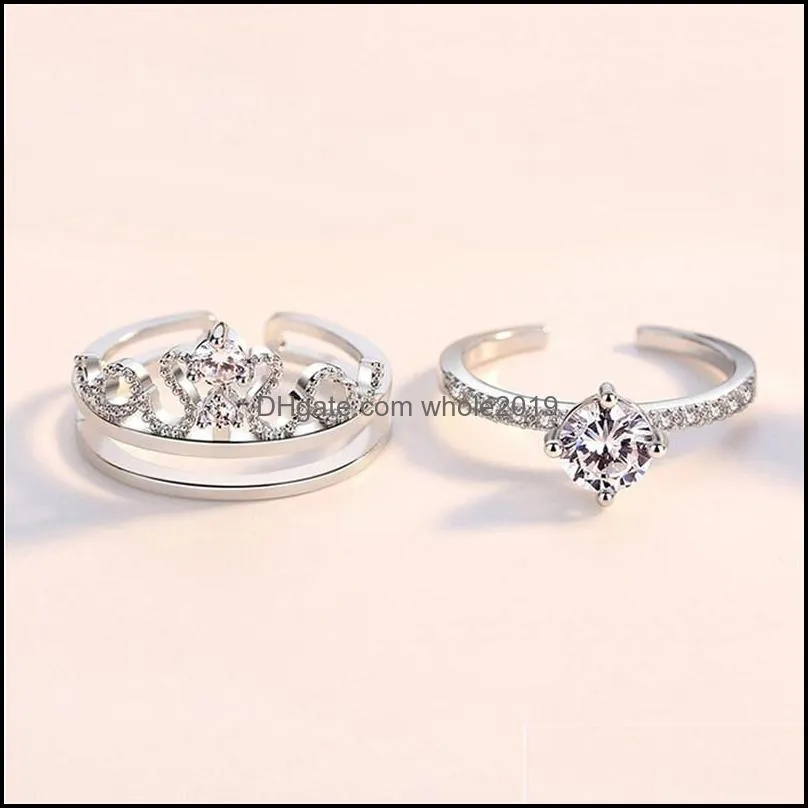 high quality crown ring sets for women fashion 2in1 silver rhinestone engagement rings delicate wedding couple valentines day