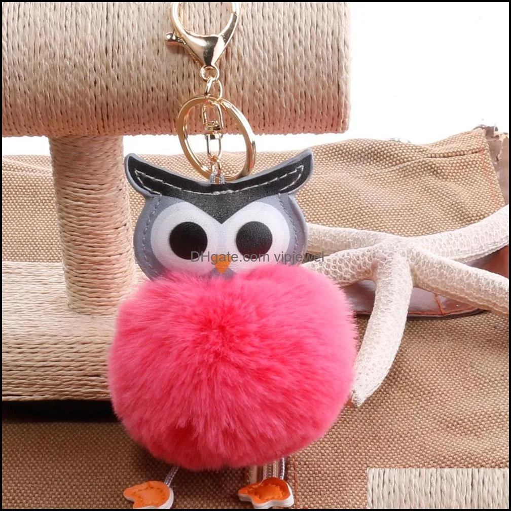 creative doublesided pu owl hair ball key ring cute bag car pendant fashion pompom keychain cartoon animal keyfobs d513q a