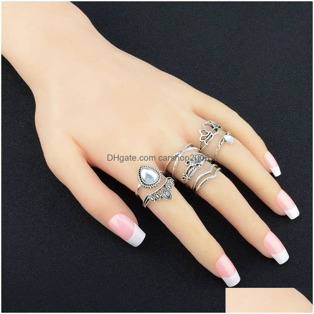 fashion jewelry retro carved flower ring diamond lotus flowe ring combination rings set 7pcs/set