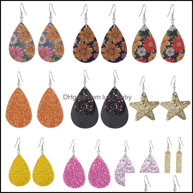 colorful sequin pu leather drop earrings bling teardrop star shape dangle chandelier ear rings for ladies women designer jewelry