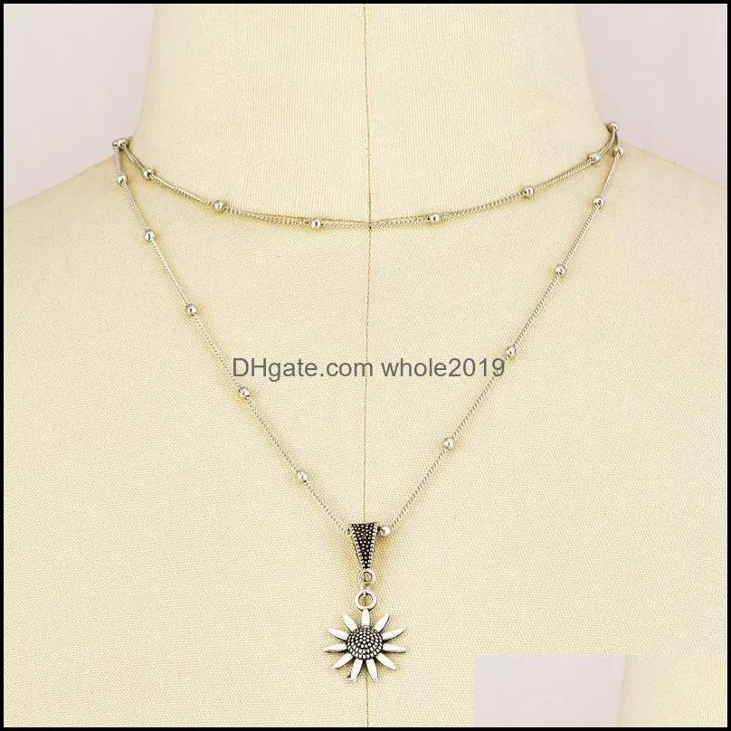  vintage multi layer sunflower necklace silver chain beaded choker necklaces for women simple dainty jewelry gifts