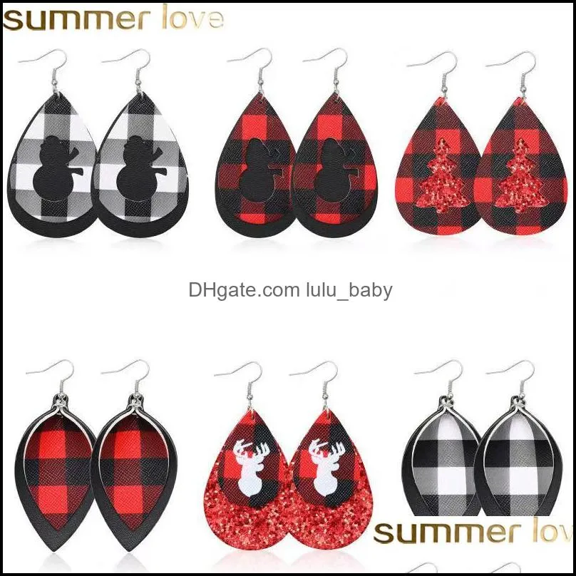 christmas tree pu leather earring red plaid sequin lattice water drop earring christmas deer head ear jewelry for women