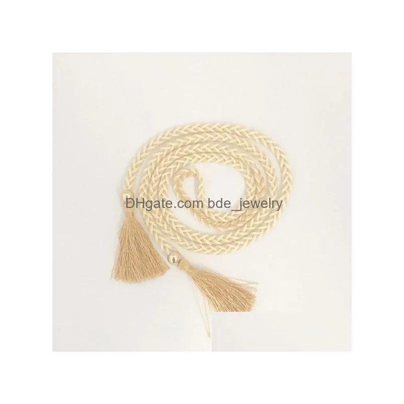 womens woven decorative waist rope belt ethnic wind knot tassels dress waist chain belt