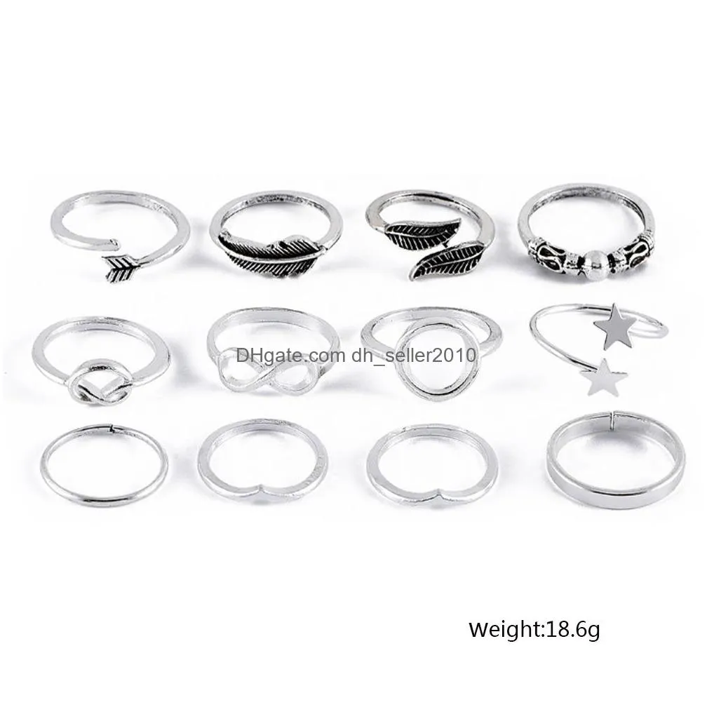bohemina fashion jewelry ring set vintage geometric feather arrow star rings sets 12pcs/set