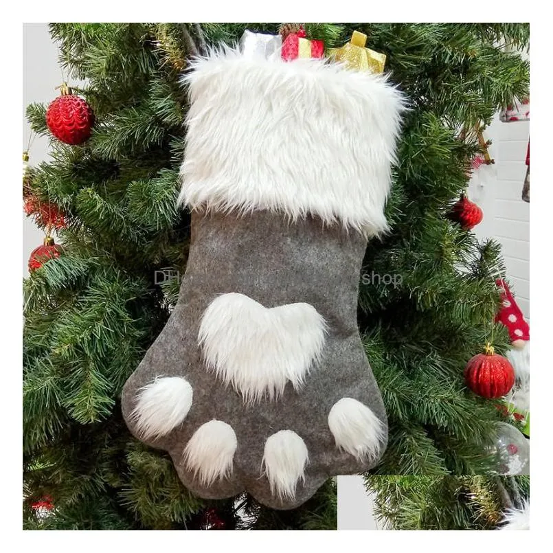 christmas party dog cat paw stocking hanging tree ornament decor hosiery plush xmas socks kdis gift candy bag