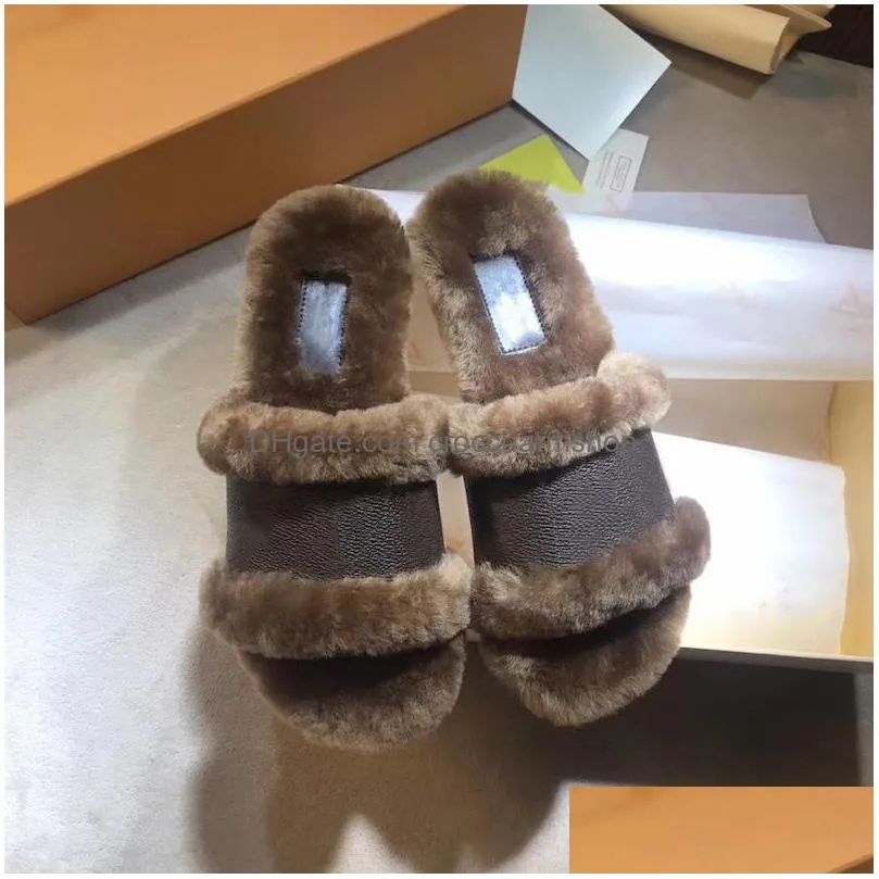 2020 women lock it flat mule mink fur slipper cognac brown patent canvas slides sandals winter booties men shoes with box eu42 no44