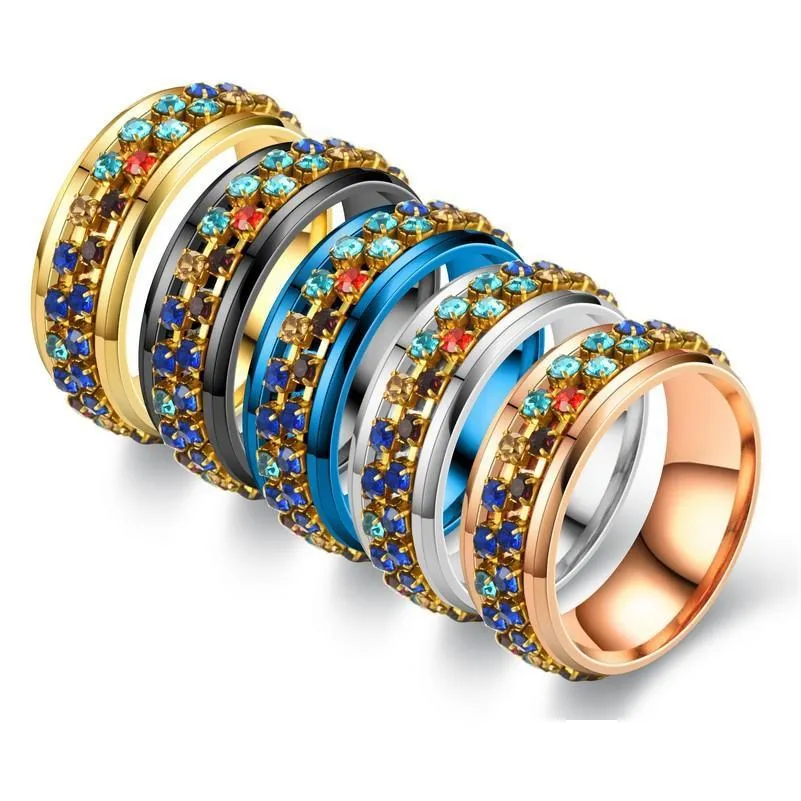 fashion jewelry stainless steel ring colorful rhinstone chain rotatable rings