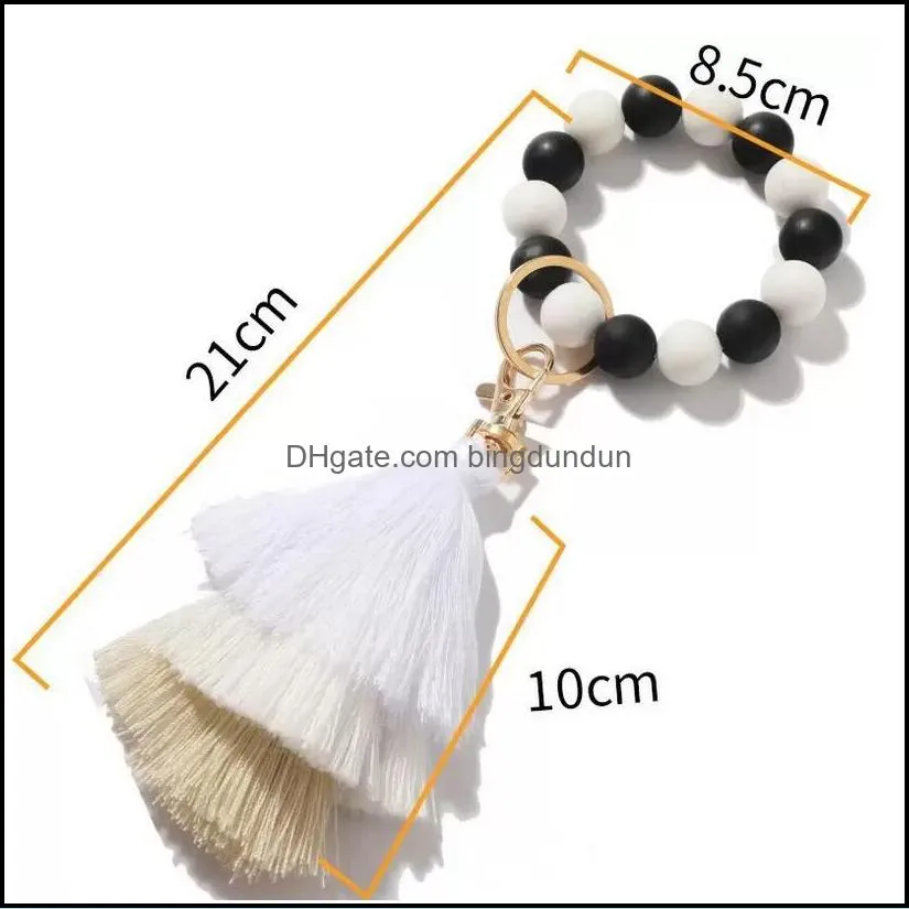 wood bracelet jewelry party favor silicone beaded tassel beadeds keychains colorful fringe bracelets bangle wrist key ring paa12965